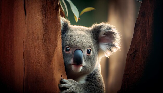 Koala marsupiale pelliccia carina primo piano all'aperto dall'aspetto albero generato dall'intelligenza artificiale
