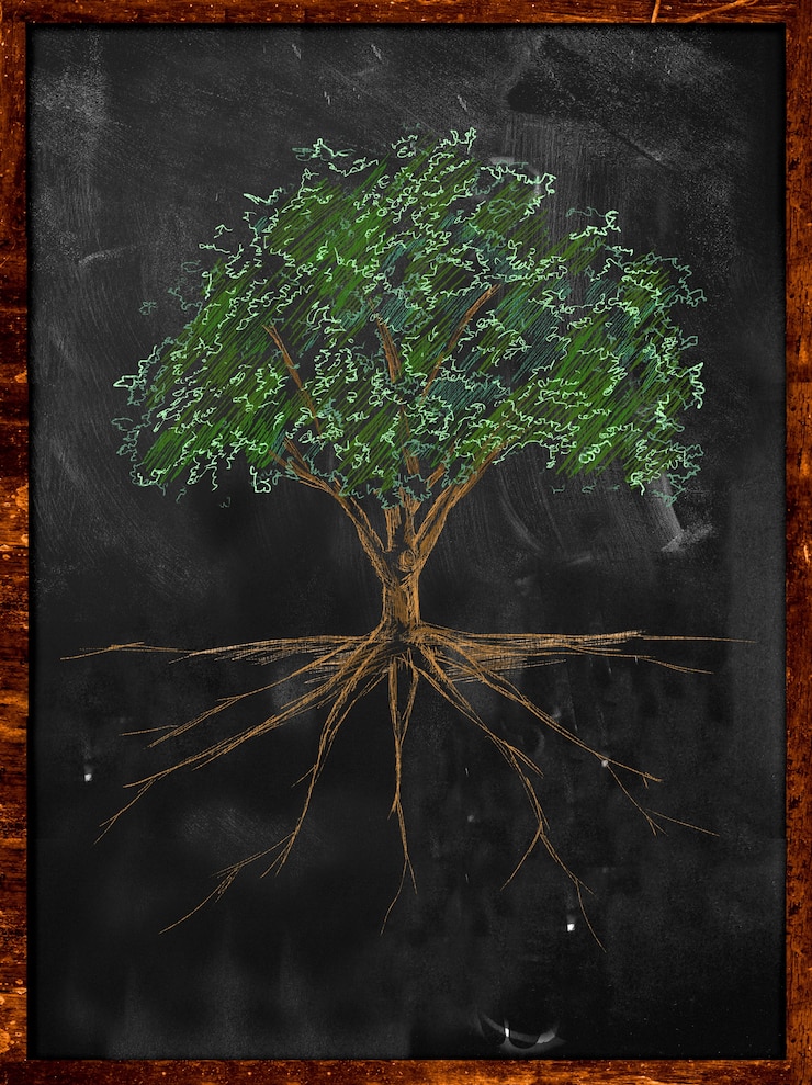 Foto gratuito l'albero sketch colore lascia e radice sulla lavagna