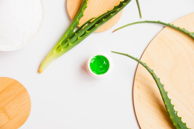 L&#39;aloe vera lascia con una bottiglia di crema di bellezza