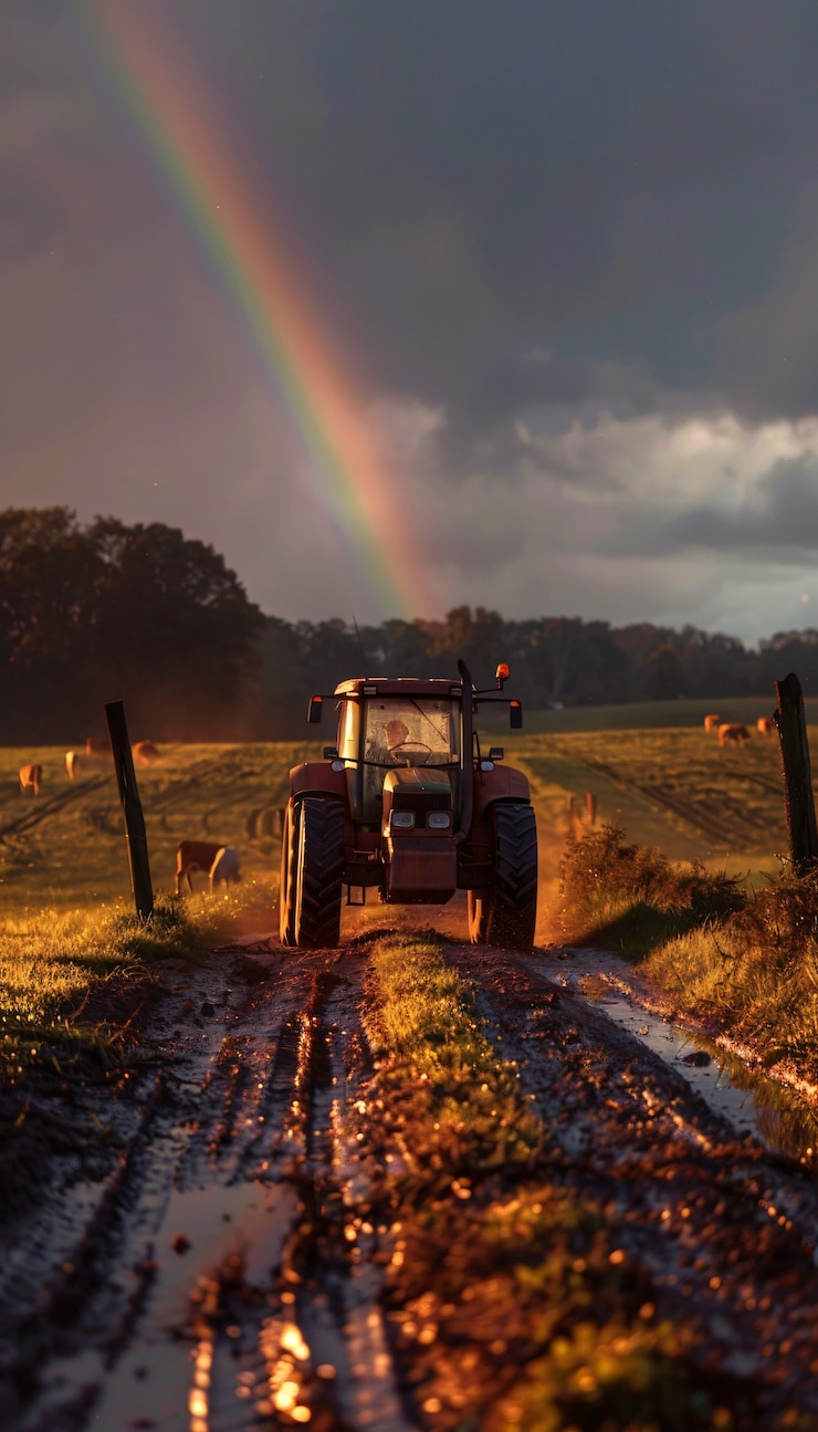 Foto gratuito l'arcobaleno alla fine di un paesaggio stradale