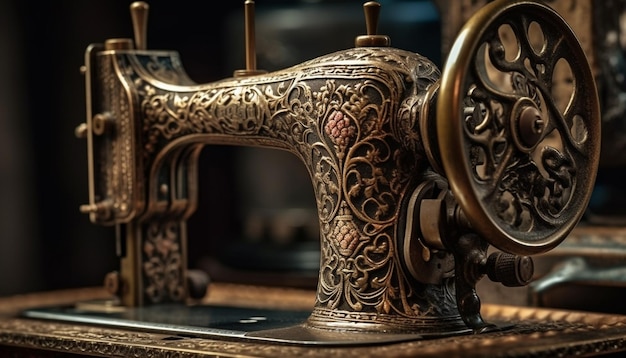 L'attrezzatura da cucito antica sulla creatività del tavolo di legno abbonda generata dall'intelligenza artificiale