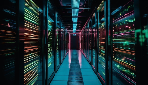 L'attrezzatura informatica futuristica si illumina al buio collegata dal server di rete generato dall'intelligenza artificiale