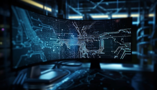 L'attrezzatura informatica futuristica si illumina di blu lavorando all'interno dell'architettura moderna generata dall'intelligenza artificiale