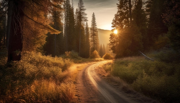 L'avventura nella foresta illuminata dal sole del paesaggio autunnale vibrante attende generata dall'intelligenza artificiale