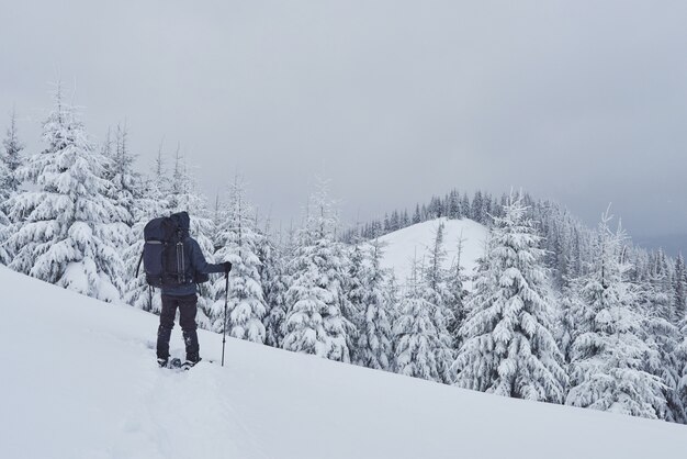 L'escursionista, con lo zaino, si arrampica sulla catena montuosa e ammira la cima innevata. Epica avventura nel deserto invernale