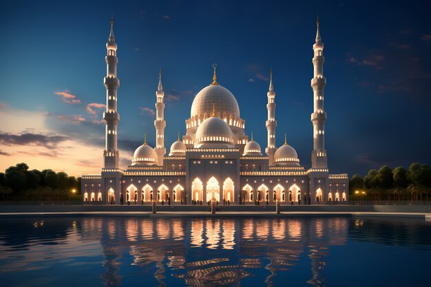 L'intricato edificio e l'architettura della moschea di notte