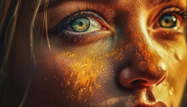 L'occhio della giovane donna riflette la natura estiva colorata generata dall'intelligenza artificiale