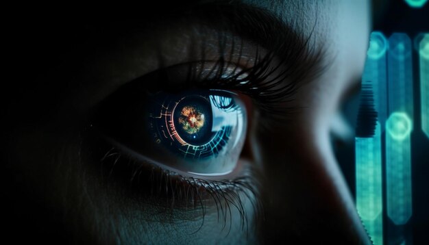 L'occhio umano osserva i dati del sistema di sicurezza futuristico generati dall'intelligenza artificiale