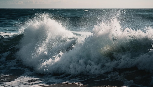 L'onda che si infrange si schianta sulla costa tropicale sabbiosa generata dall'intelligenza artificiale