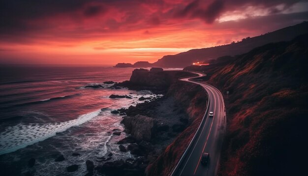 L'orizzonte idilliaco del viaggio su strada riflette la bellezza della natura generata dall'intelligenza artificiale