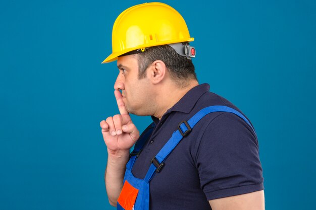 L'uniforme d'uso della costruzione dell'uomo e il casco di sicurezza che stanno lateralmente che fanno il silenzio firmano sopra la parete blu isolata