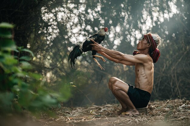 L'uomo anziano asiatico solleva e soffia acqua al suo gallo da combattimento per prendersi cura e pulire al mattino, copiare lo spazio, concetto di scena rurale