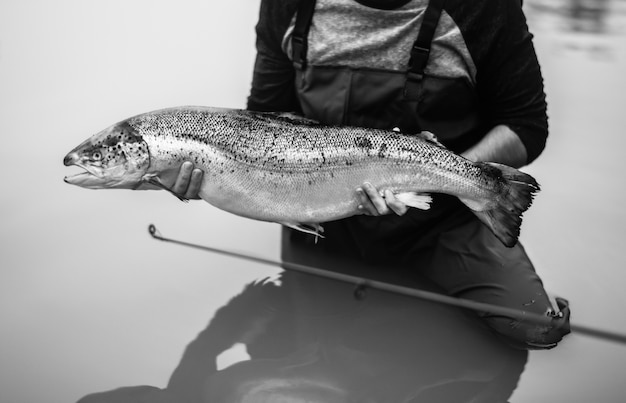 L&#39;uomo ha catturato il pesce salmone