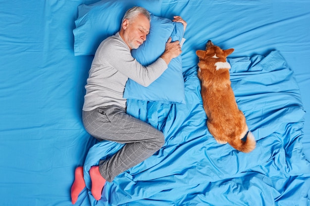 L'uomo proprietario di un cane di vecchiaia dorme pacificamente insieme a pose da compagnia a letto indossa pigiama e calzini sdraiati su un morbido cuscino vede sogni d'oro. Uomo barbuto maturo riposa in camera da letto. Persone che dormono concetto