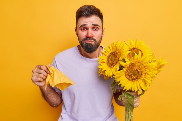 l'uomo soffre di allergia ha il naso che cola occhi rossi acquosi trattiene il tessuto tiene un mazzo di girasoli isolati su giallo