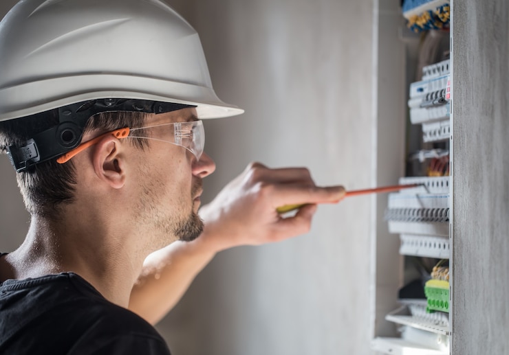 Foto gratuito l'uomo, un tecnico elettrico che lavora in un quadro elettrico con fusibili. installazione e collegamento di apparecchiature elettriche. avvicinamento.