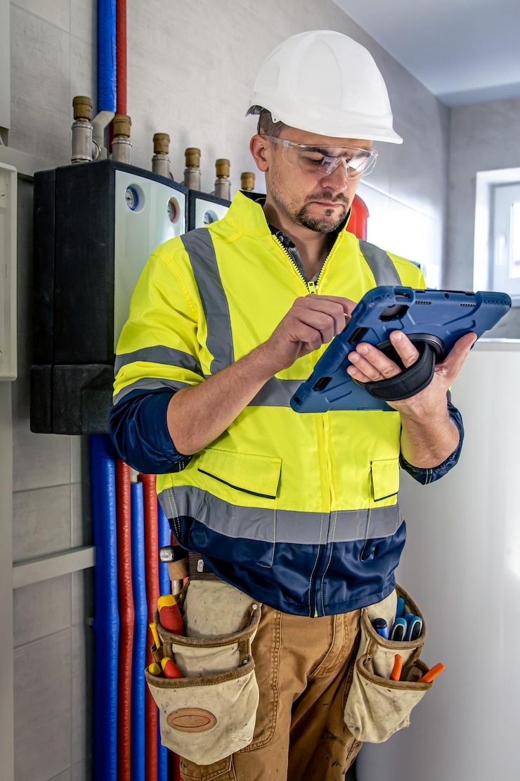 Foto gratuito l'uomo un tecnico elettrico che lavora in un quadro elettrico con fusibili utilizza un tablet