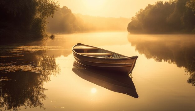 La barca a remi scivola su un tranquillo laghetto all'alba generato dall'intelligenza artificiale