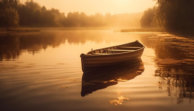 La barca a remi scivola su uno stagno tranquillo al tramonto generato dall'intelligenza artificiale