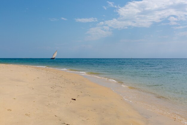 La barca a vela sull'oceano calmo dalla spiaggia sabbiosa ha catturato a Zanzibar, Africa