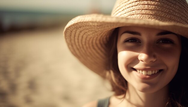 La bella donna in cappello di paglia gode dell'IA generativa estiva