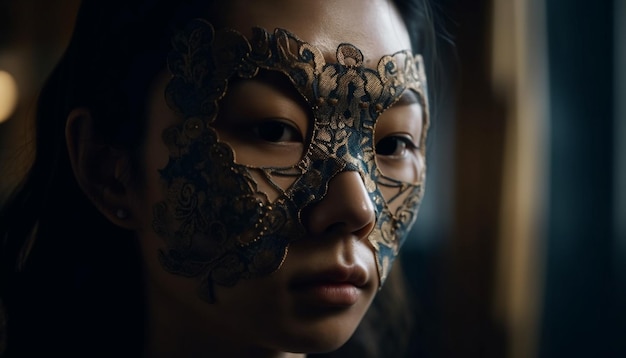 La bella donna in maschera d'oro incarna l'eleganza generata dall'intelligenza artificiale