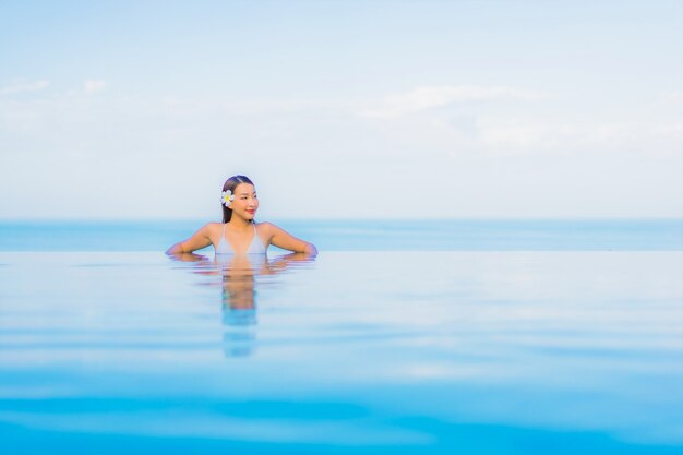 La bella giovane donna asiatica del ritratto si rilassa il sorriso intorno alla piscina all'aperto nella località di soggiorno dell'hotel