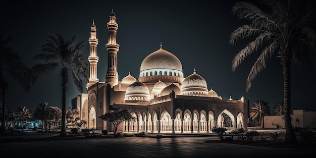 La bella moschea serena di notte nel mese benedetto del ramadan l'ai generativo illuminato