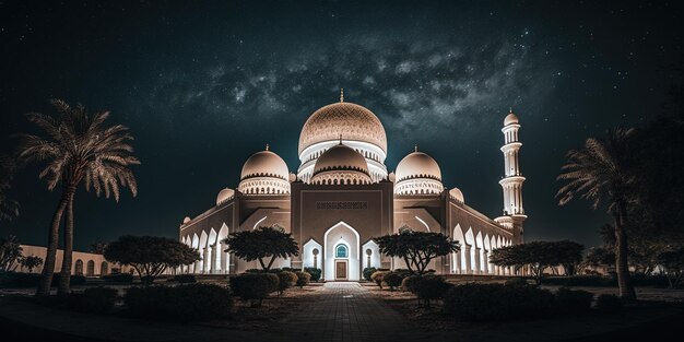 La bella moschea serena di notte nel mese benedetto del ramadan l'ai generativo illuminato