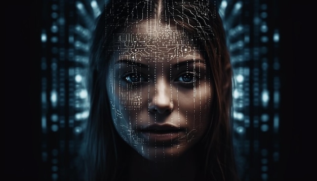 La bellezza futuristica della giovane donna adulta si illumina astrattamente generata dall'intelligenza artificiale
