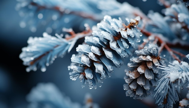 La bellezza invernale nella natura da vicino del gelo sull'albero di abete generato dall'AI