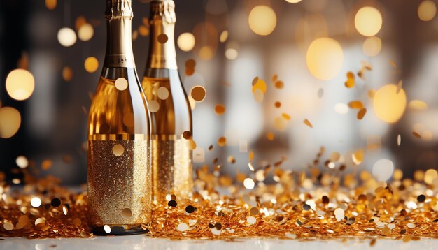 La bottiglia di champagne luminosa versa un liquido dorato che illumina la celebrazione festiva generata dall'intelligenza artificiale