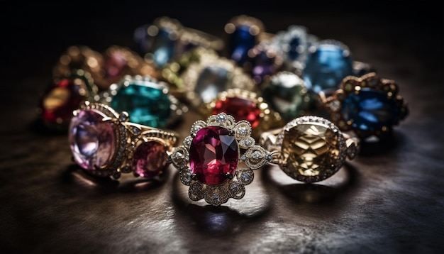 La collezione di gioielli luccicanti brilla di oro e gemme generate dall'intelligenza artificiale