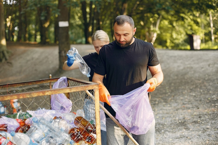 Foto gratuito la coppia raccoglie l'immondizia nei sacchetti di immondizia in parco