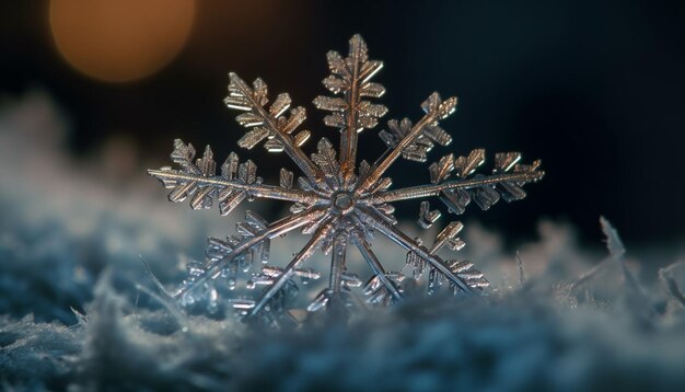 La decorazione brillante del fiocco di neve si illumina sull'albero scuro generato dall'intelligenza artificiale