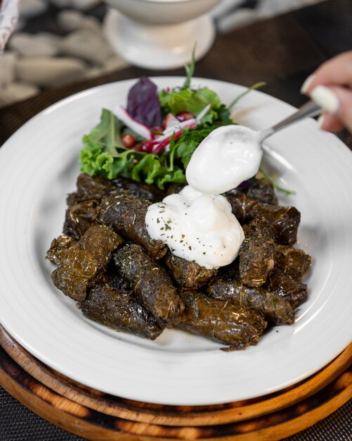 La donna che aggiunge lo yogurt sul dolma delle foglie di vite è servito con l'insalata delle erbe e del ravanello del melograno