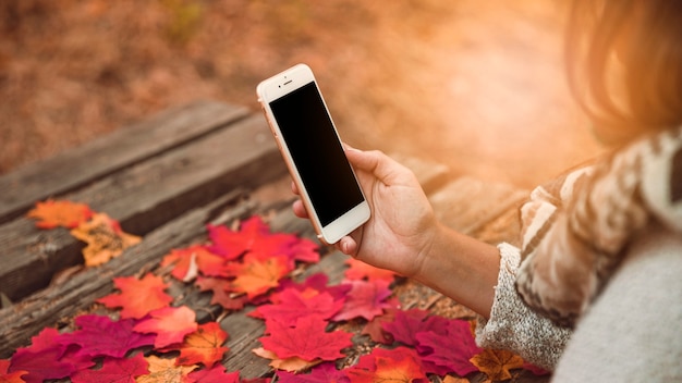 La donna del raccolto che utilizza lo smartphone alla tavola nel parco di autunno