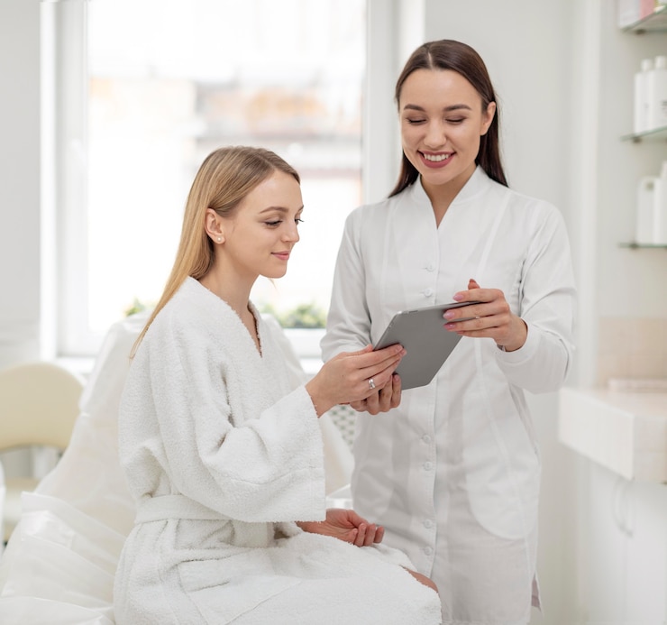 Foto gratuito la donna dell'estetista alla clinica consulta il cliente