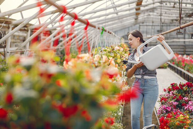 La donna in una camicia blu versa i vasi da fiori