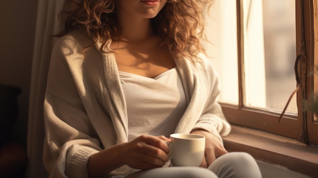 La donna si siede sul davanzale di una finestra con una tazza di caffè e dei libri