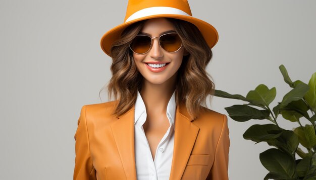 La donna sorridente con gli occhiali da sole trasuda sicurezza ed eleganza all'aperto generati dall'intelligenza artificiale
