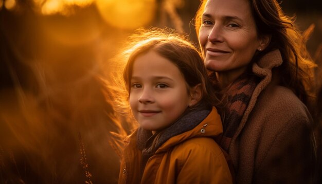 La famiglia abbraccia il calore della natura nel tramonto autunnale generato dall'intelligenza artificiale