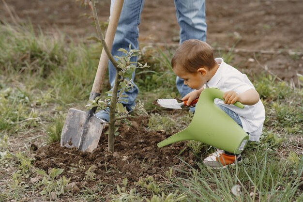La famiglia con figli piccoli sta piantando un albero in un cortile