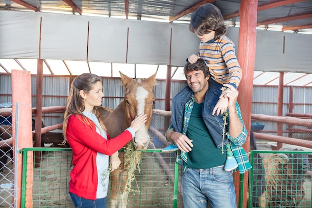 La famiglia felice di visitare il cavallo nella stalla