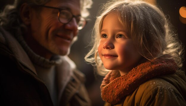 La famiglia multigenerazionale abbraccia la natura nella gioia autunnale generata dall'IA