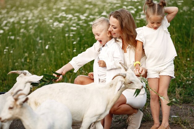 La famiglia trascorre il tempo in vacanza nel villaggio. Ragazzo e ragazza che giocano in natura. Le persone camminano all'aria aperta.
