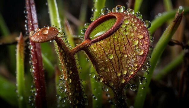 La foglia verde fresca con la goccia di rugiada brilla brillantemente generata dall'intelligenza artificiale