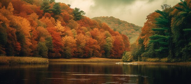 La foresta autunnale riflette i colori vivaci nello stagno generato dall'intelligenza artificiale