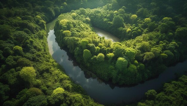 La foresta verde si riflette nel tranquillo stagno sottostante generato dall'IA