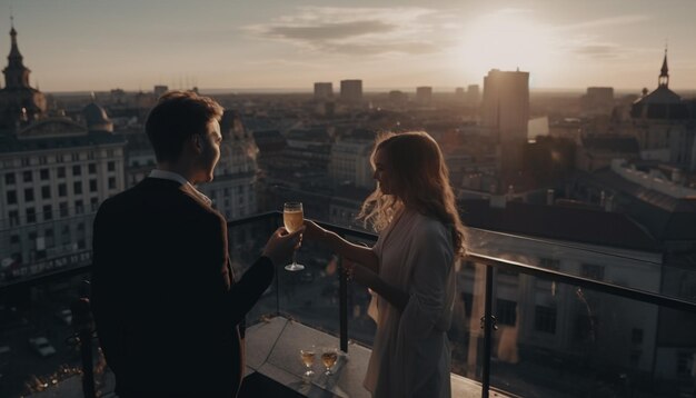 La giovane coppia si gode lo champagne sul tetto della città generato dall'intelligenza artificiale